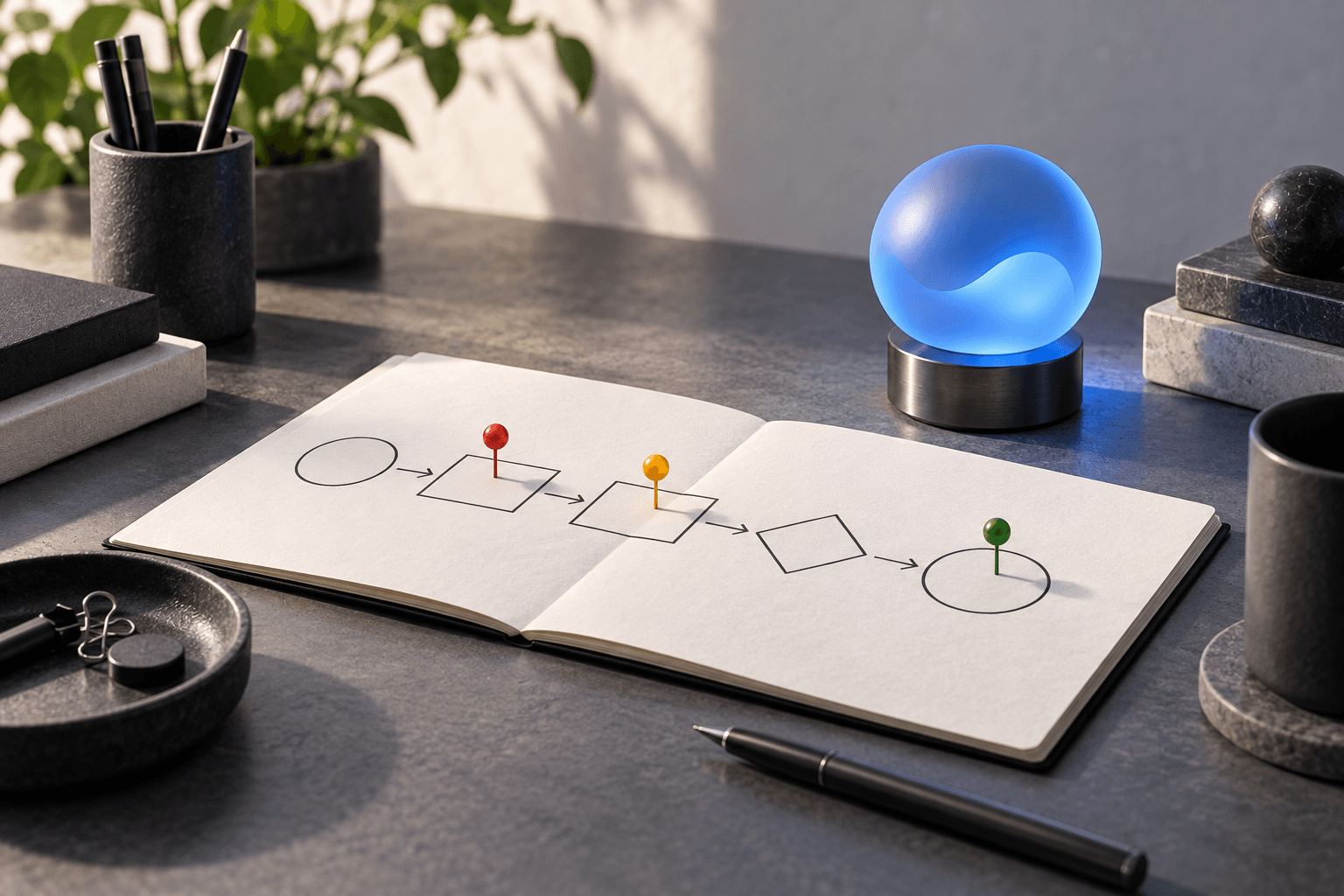 A considered physical workspace representing AI-assisted review checkpoints.