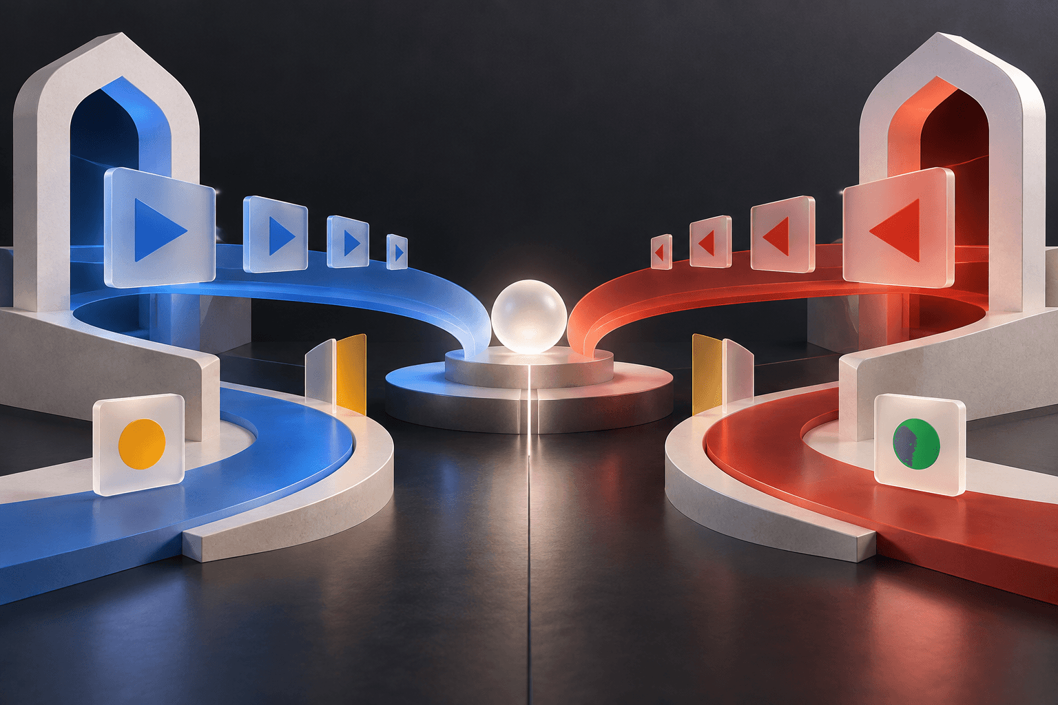 Mirrored pathways meeting at a central point, representing bidirectional interface design.