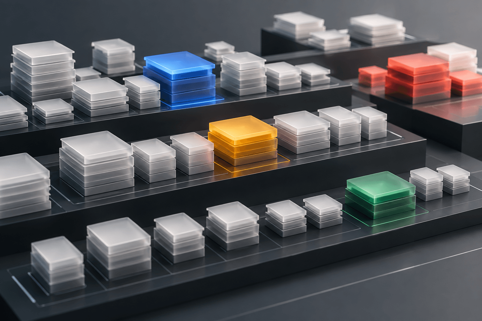 Calm, high-density layered modules representing operational information hierarchy.