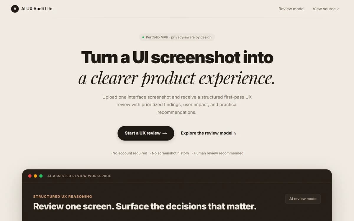AI UX Audit Lite product interface screenshot